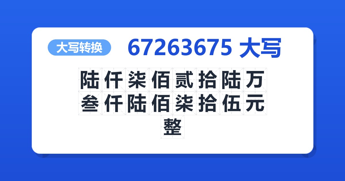 67263675大写 陆仟柒佰贰拾陆万叁仟陆佰柒拾伍元整