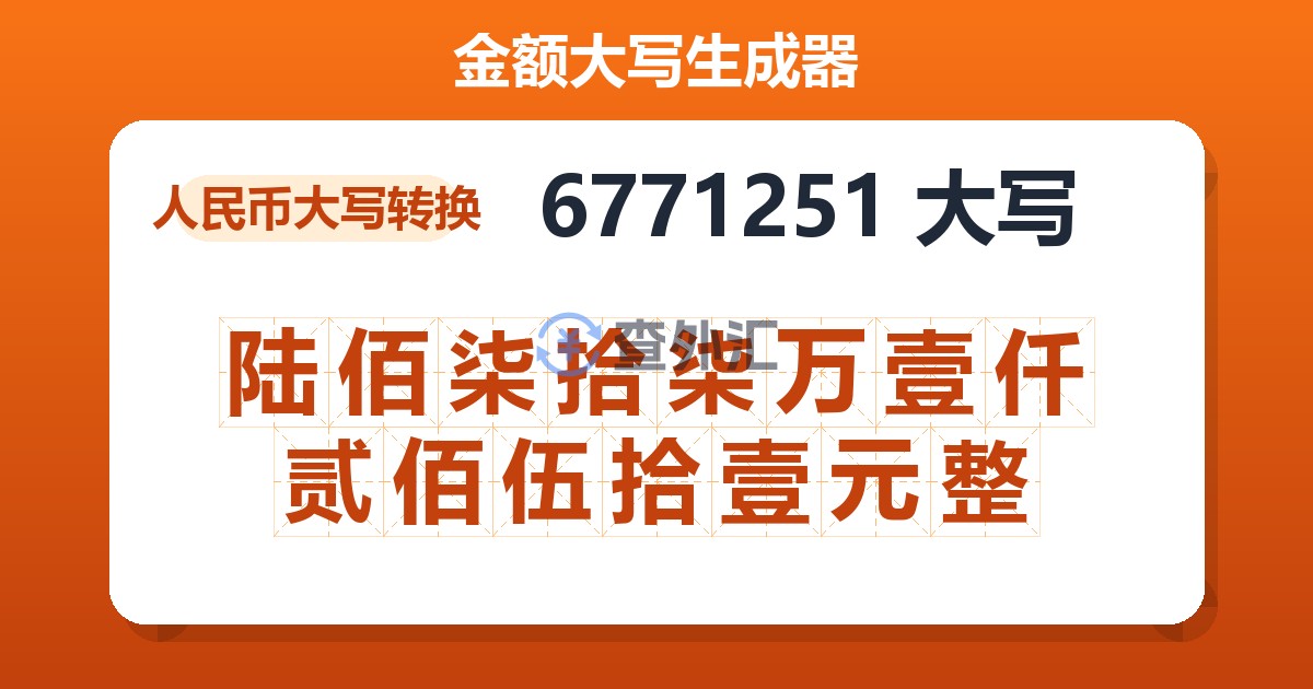 6771251大写 陆佰柒拾柒万壹仟贰佰伍拾壹元整