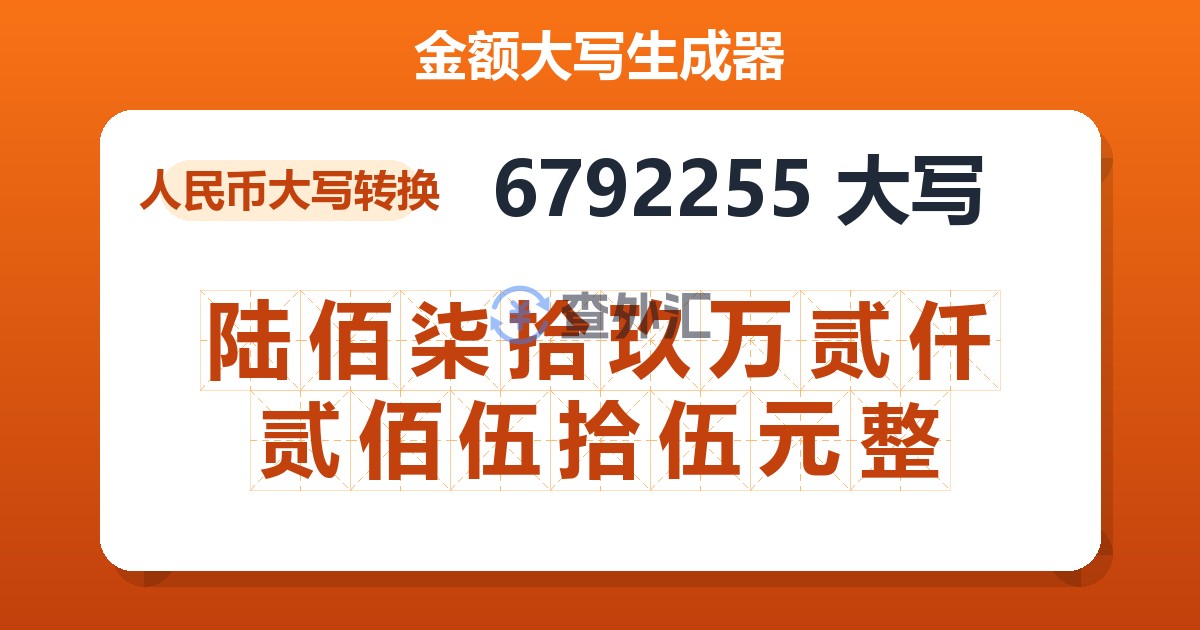 6792255大写 陆佰柒拾玖万贰仟贰佰伍拾伍元整