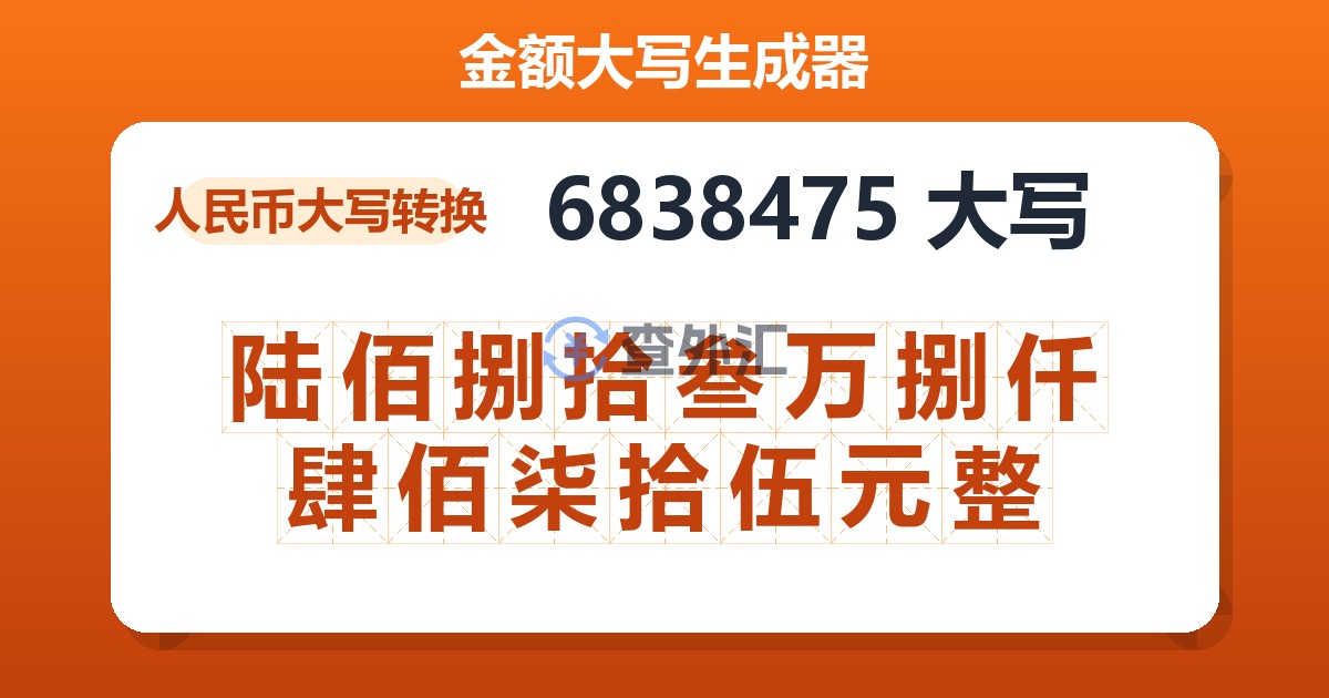 6838475大写 陆佰捌拾叁万捌仟肆佰柒拾伍元整