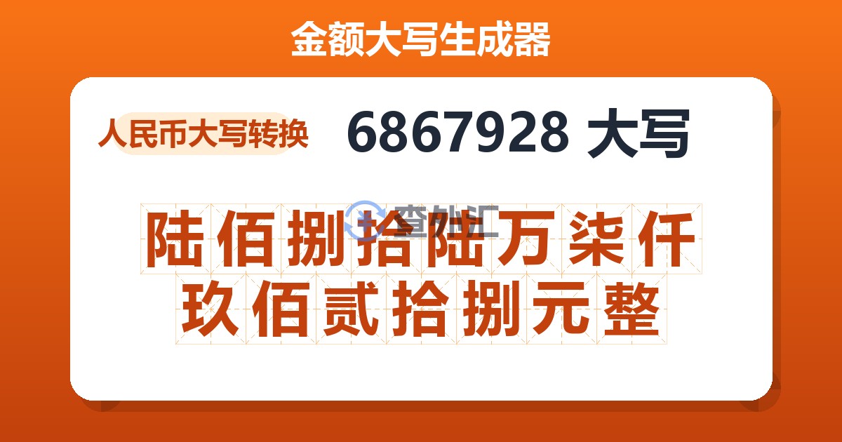 6867928大写 陆佰捌拾陆万柒仟玖佰贰拾捌元整