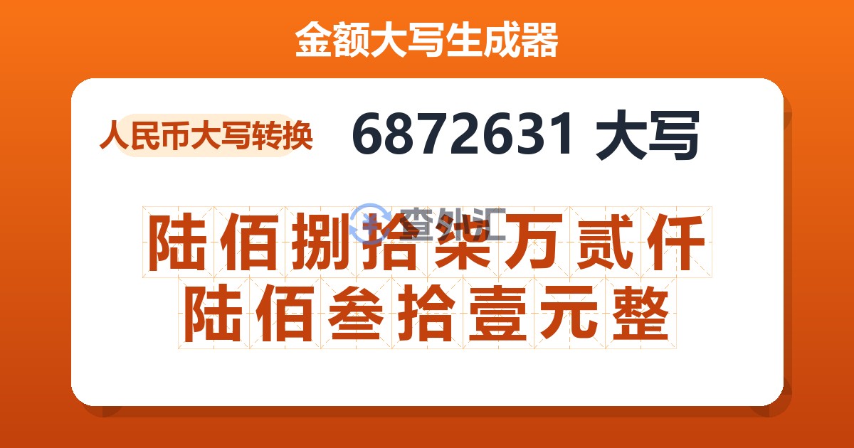 6872631大写 陆佰捌拾柒万贰仟陆佰叁拾壹元整