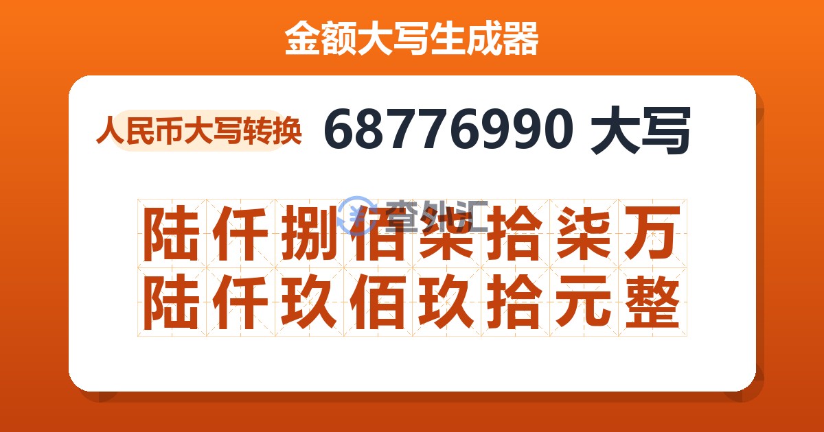 68776990大写 陆仟捌佰柒拾柒万陆仟玖佰玖拾元整
