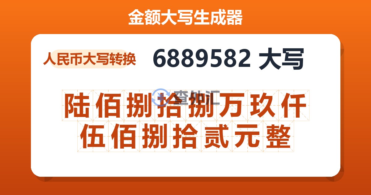 6889582大写 陆佰捌拾捌万玖仟伍佰捌拾贰元整