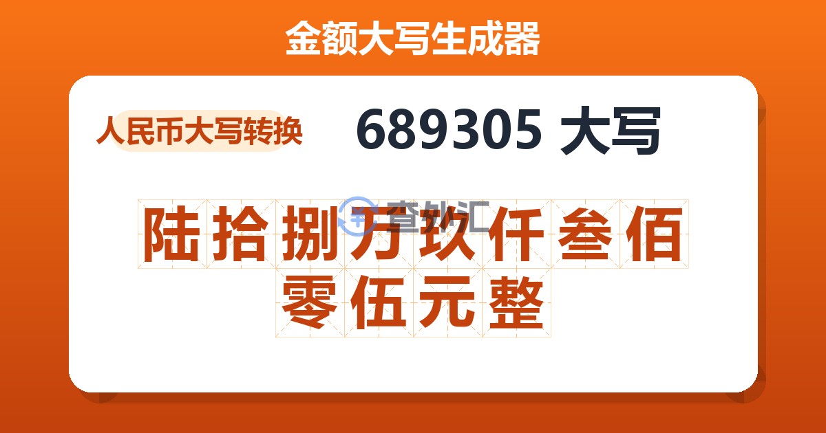 689305大写 陆拾捌万玖仟叁佰零伍元整