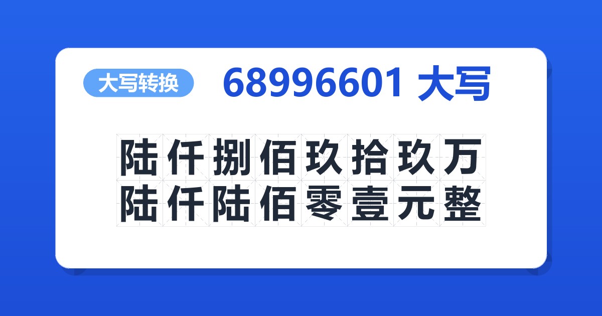 68996601大写 陆仟捌佰玖拾玖万陆仟陆佰零壹元整