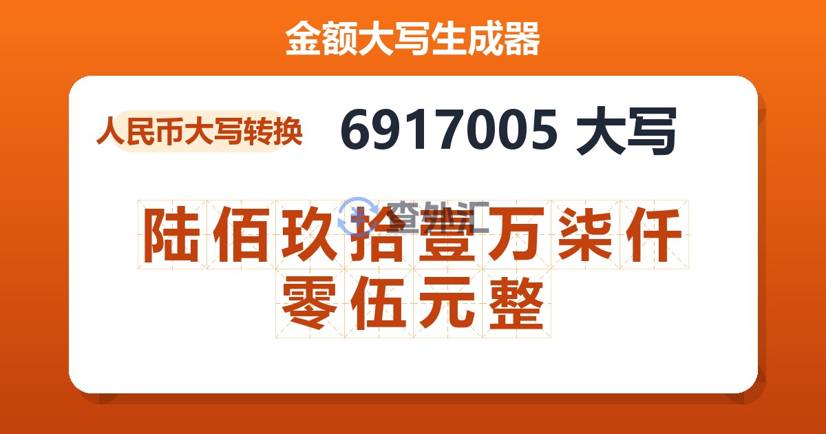 6917005大写 陆佰玖拾壹万柒仟零伍元整