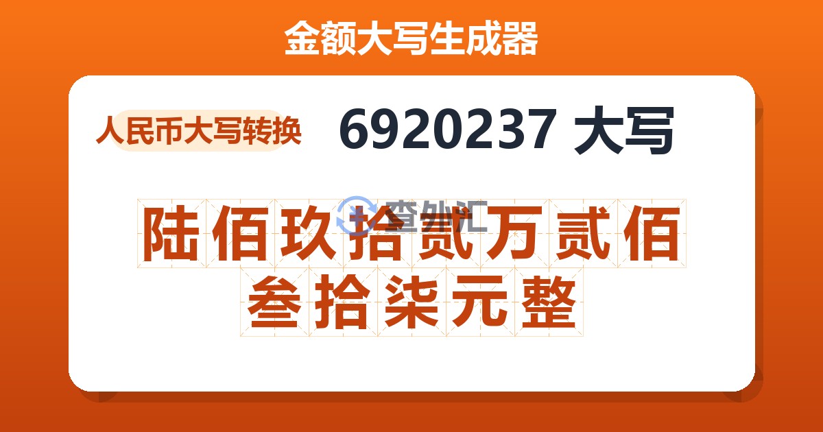 6920237大写 陆佰玖拾贰万贰佰叁拾柒元整