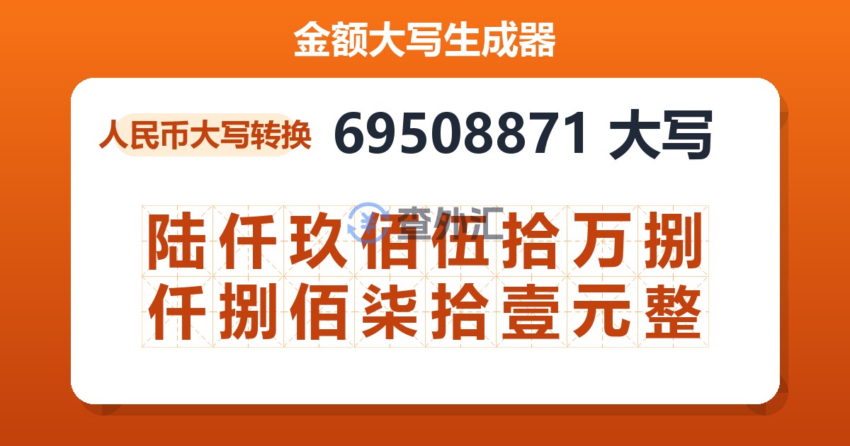 69508871大写 陆仟玖佰伍拾万捌仟捌佰柒拾壹元整