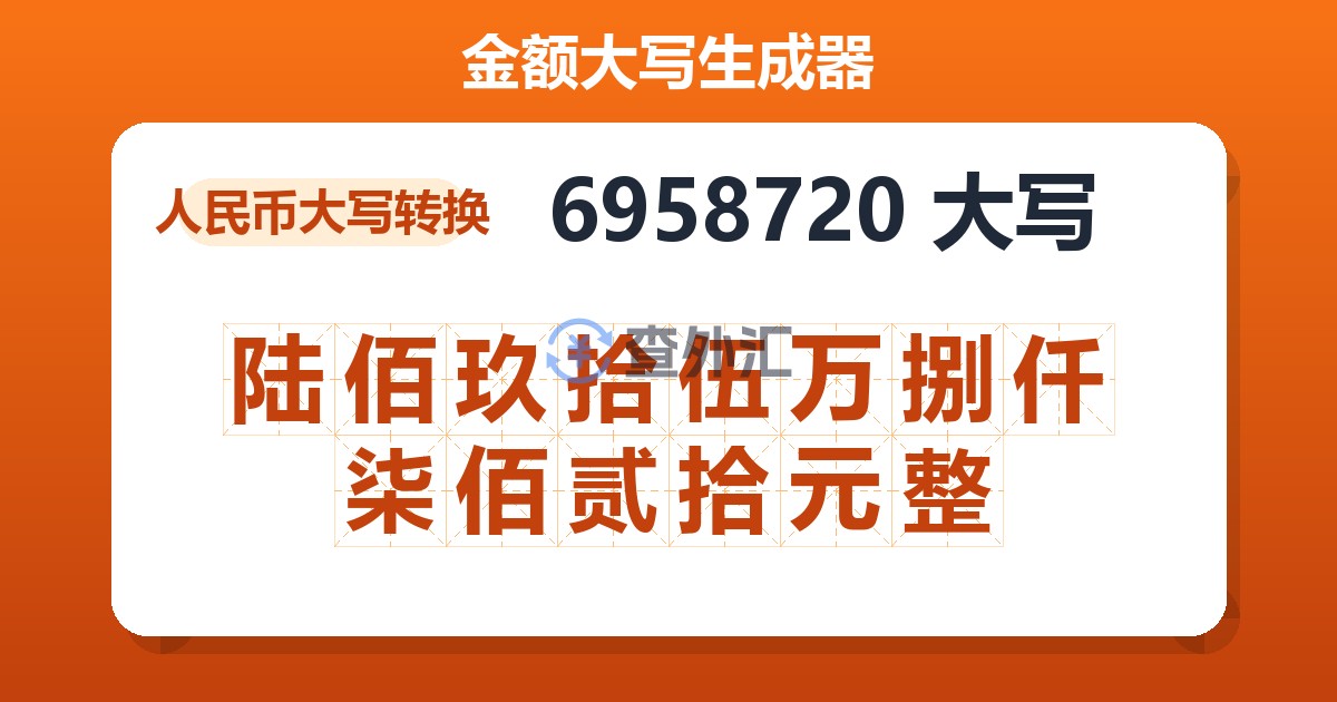 6958720大写 陆佰玖拾伍万捌仟柒佰贰拾元整