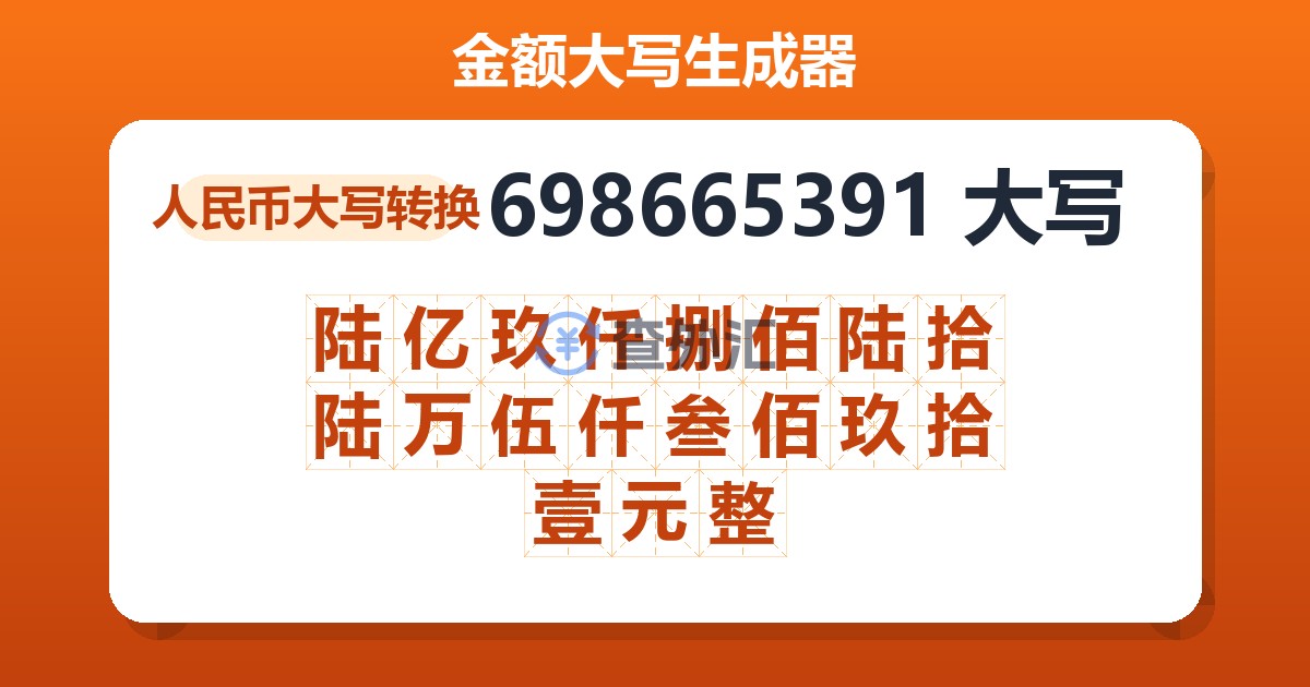 698665391大写 陆亿玖仟捌佰陆拾陆万伍仟叁佰玖拾壹元整