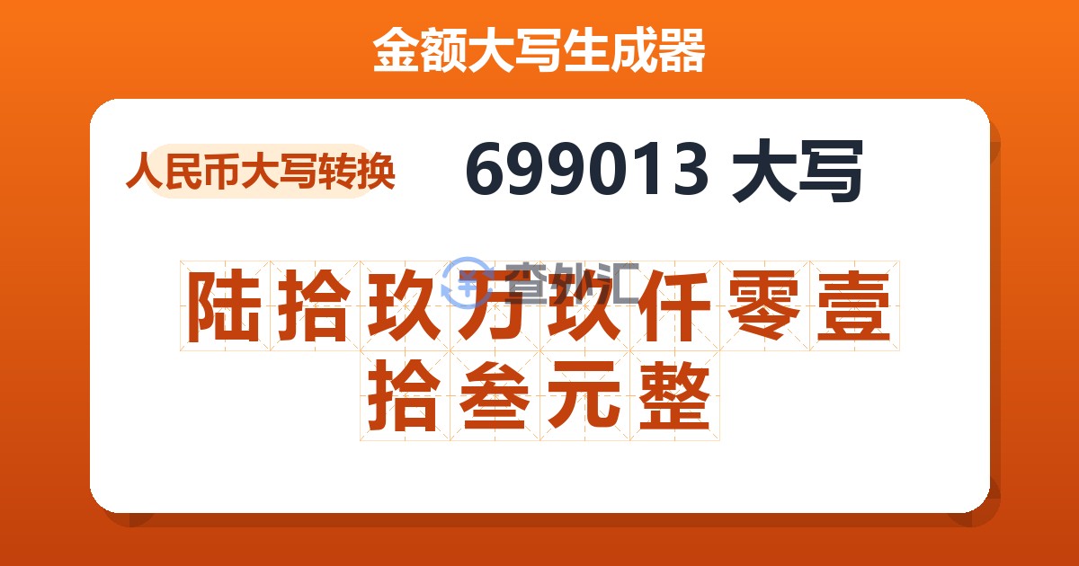 699013大写 陆拾玖万玖仟零壹拾叁元整