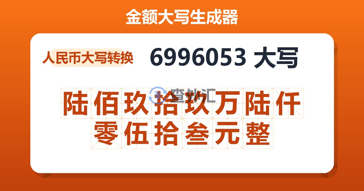 6996053大写 陆佰玖拾玖万陆仟零伍拾叁元整