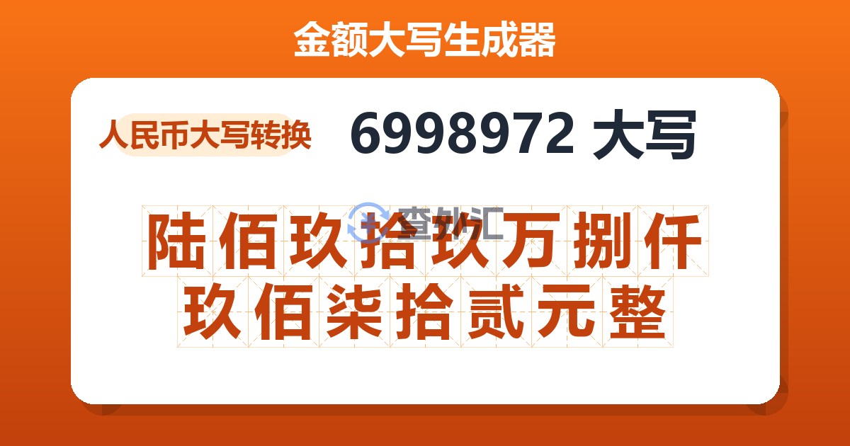 6998972大写 陆佰玖拾玖万捌仟玖佰柒拾贰元整