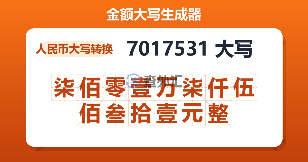 7017531大写 柒佰零壹万柒仟伍佰叁拾壹元整
