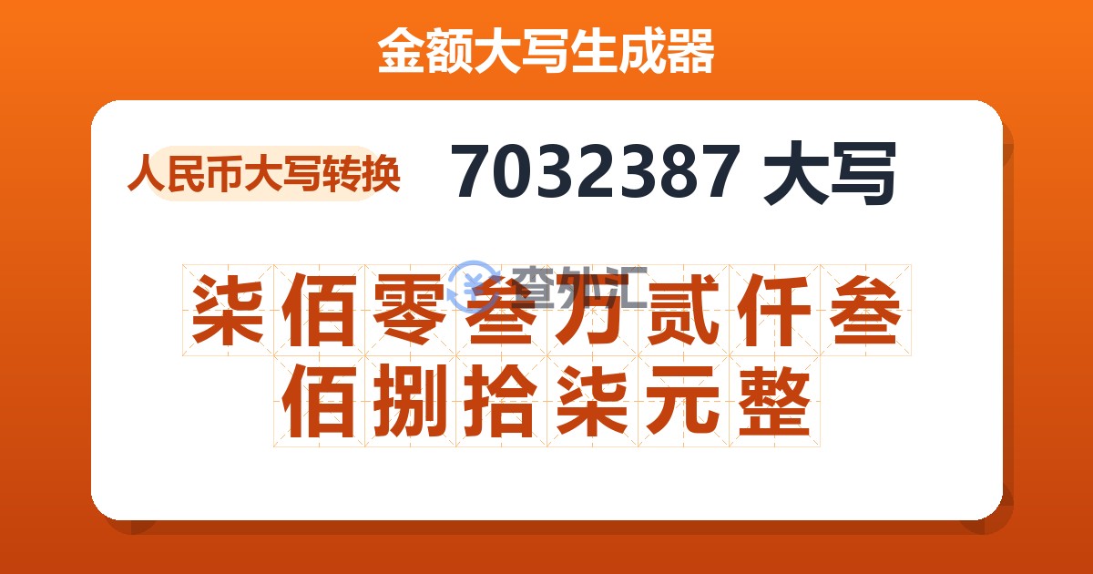 7032387大写 柒佰零叁万贰仟叁佰捌拾柒元整