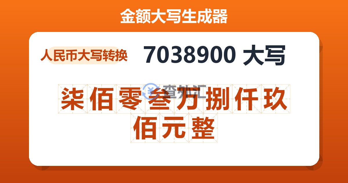 7038900大写 柒佰零叁万捌仟玖佰元整