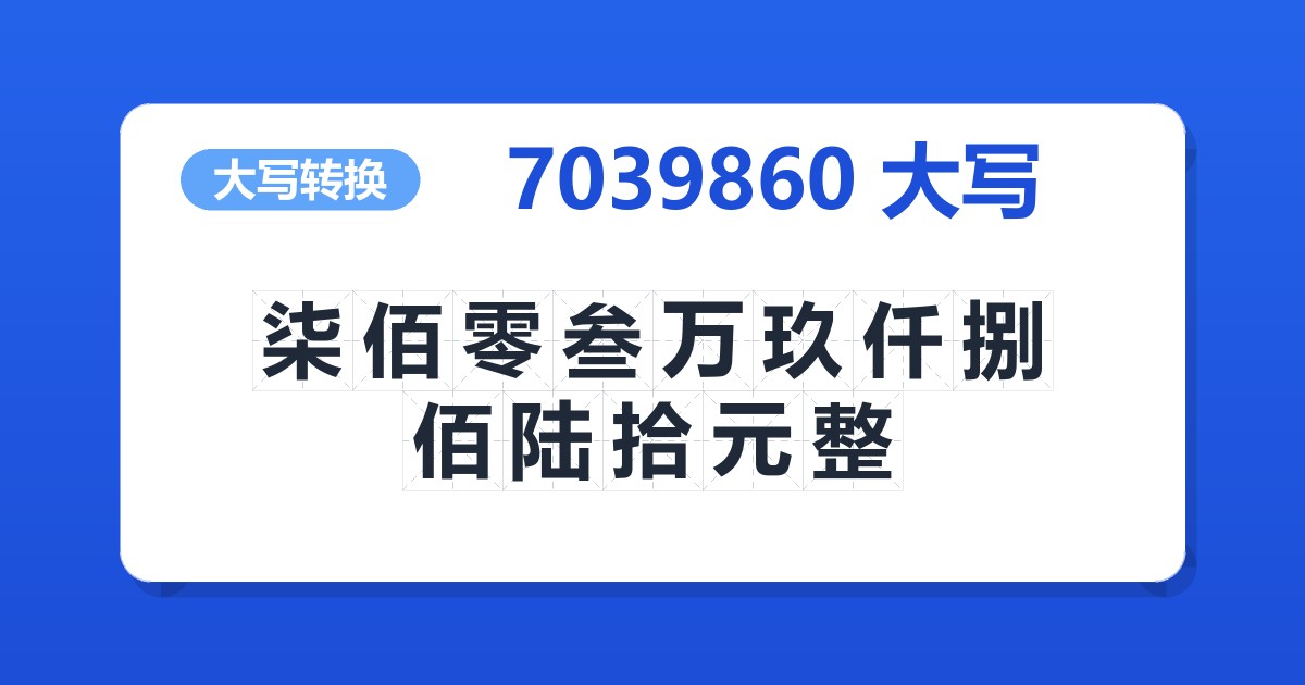 7039860大写 柒佰零叁万玖仟捌佰陆拾元整