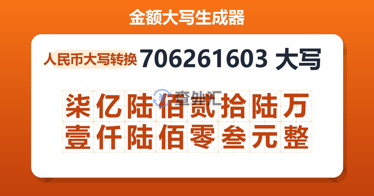 706261603大写 柒亿陆佰贰拾陆万壹仟陆佰零叁元整