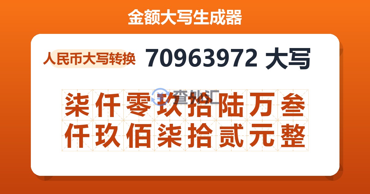 70963972大写 柒仟零玖拾陆万叁仟玖佰柒拾贰元整