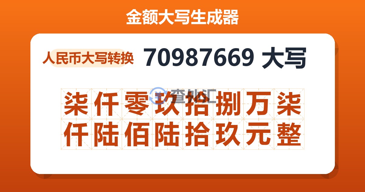 70987669大写 柒仟零玖拾捌万柒仟陆佰陆拾玖元整