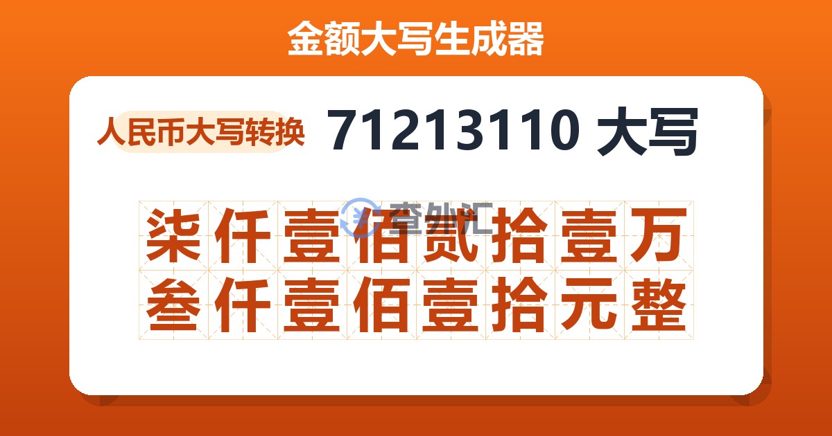 71213110大写 柒仟壹佰贰拾壹万叁仟壹佰壹拾元整