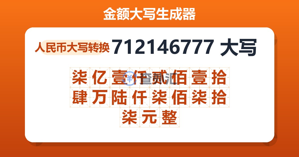 712146777大写 柒亿壹仟贰佰壹拾肆万陆仟柒佰柒拾柒元整