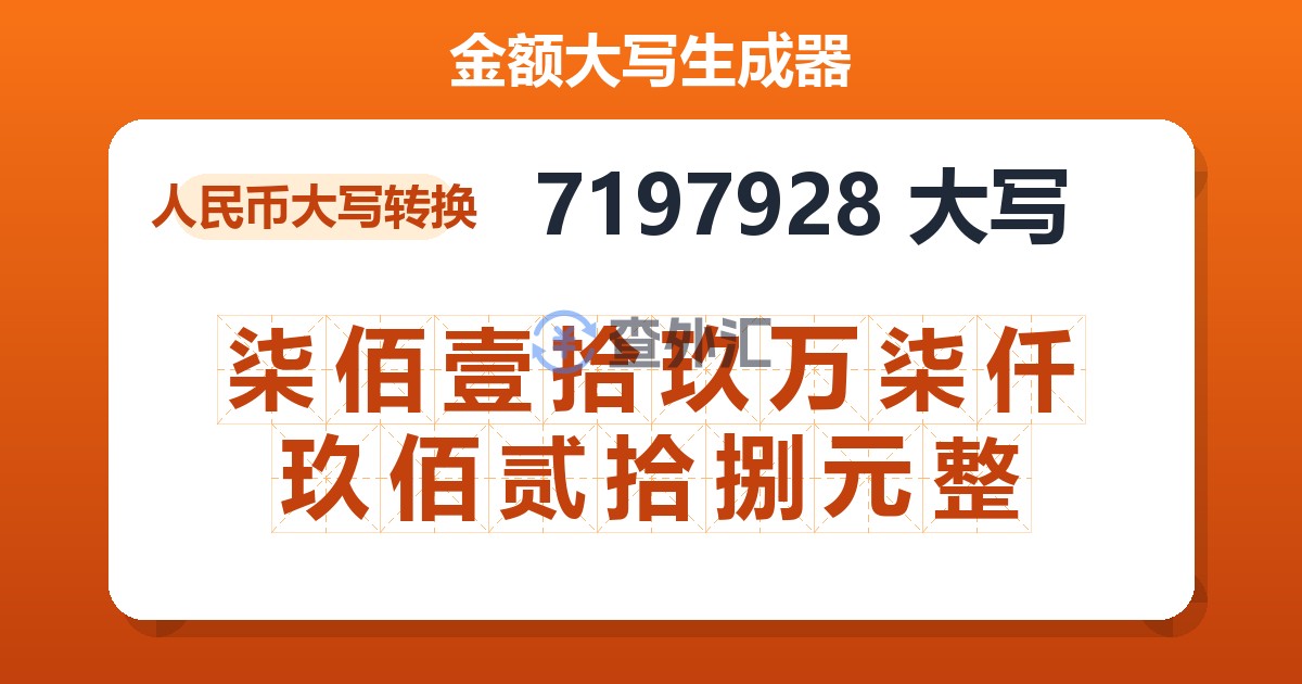 7197928大写 柒佰壹拾玖万柒仟玖佰贰拾捌元整