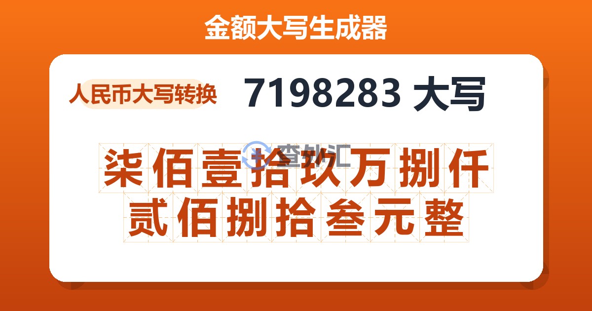 7198283大写 柒佰壹拾玖万捌仟贰佰捌拾叁元整