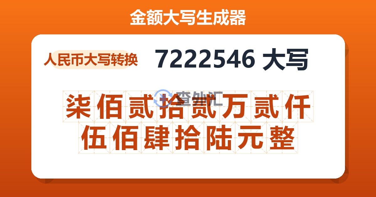 7222546大写 柒佰贰拾贰万贰仟伍佰肆拾陆元整