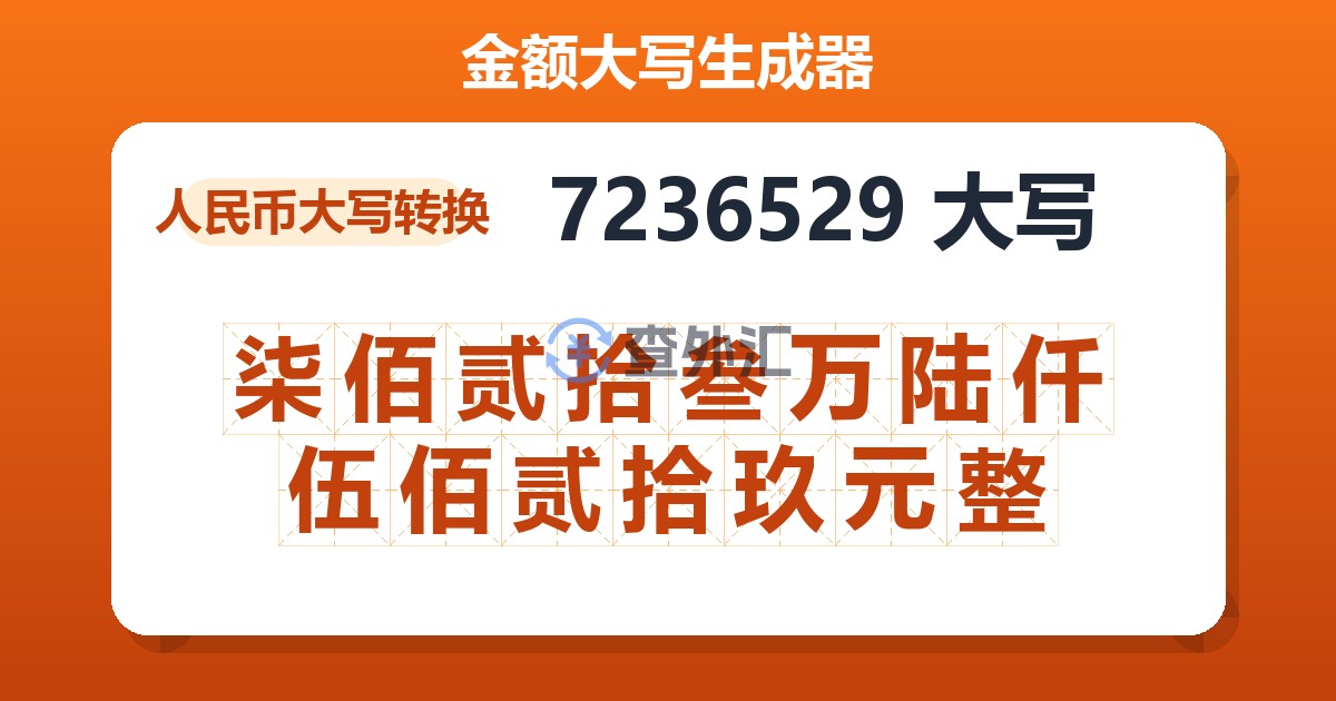 7236529大写 柒佰贰拾叁万陆仟伍佰贰拾玖元整