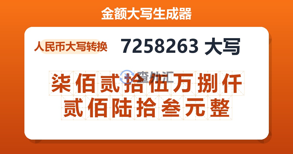 7258263大写 柒佰贰拾伍万捌仟贰佰陆拾叁元整