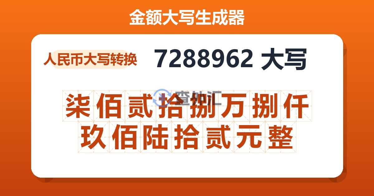 7288962大写 柒佰贰拾捌万捌仟玖佰陆拾贰元整