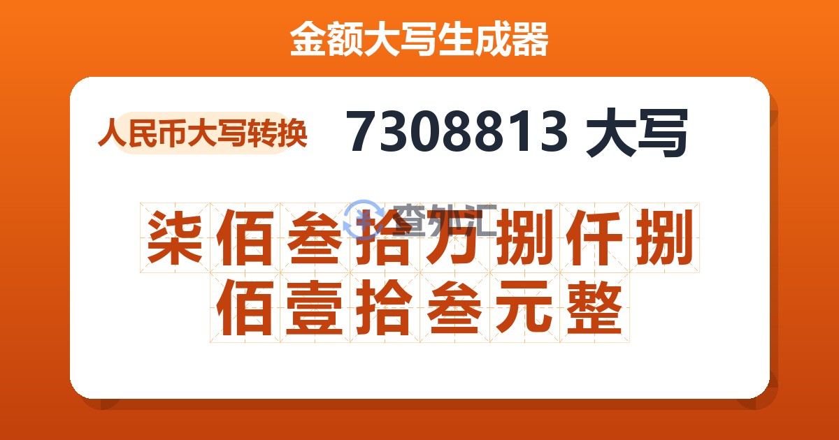 7308813大写 柒佰叁拾万捌仟捌佰壹拾叁元整