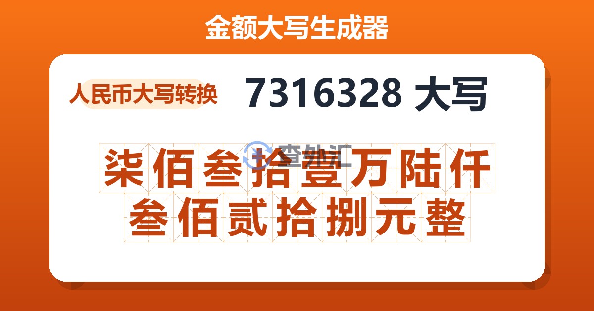 7316328大写 柒佰叁拾壹万陆仟叁佰贰拾捌元整