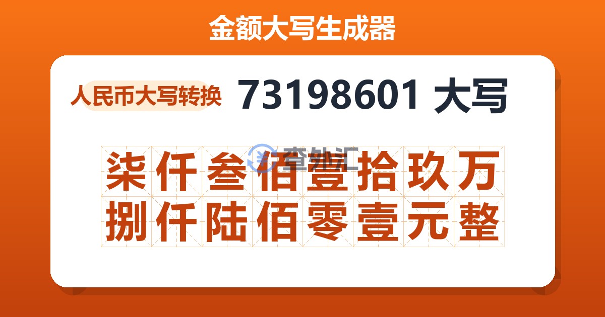73198601大写 柒仟叁佰壹拾玖万捌仟陆佰零壹元整