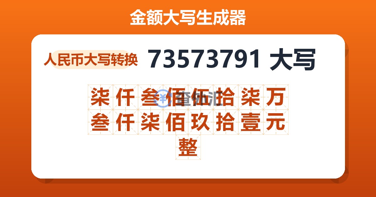 73573791大写 柒仟叁佰伍拾柒万叁仟柒佰玖拾壹元整