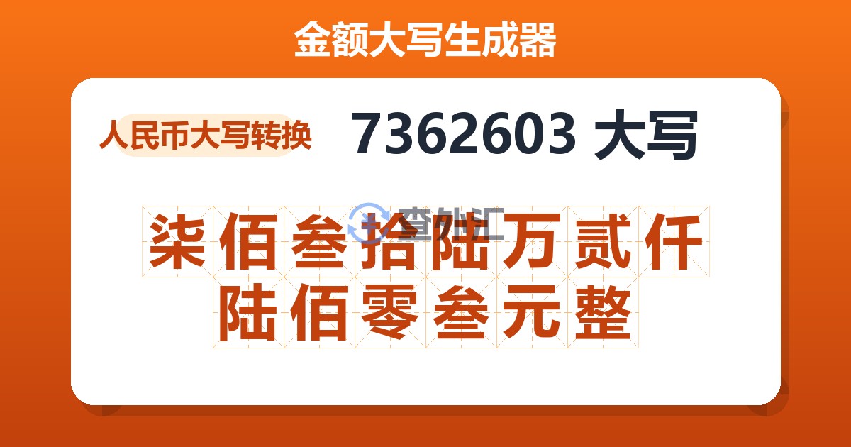 7362603大写 柒佰叁拾陆万贰仟陆佰零叁元整