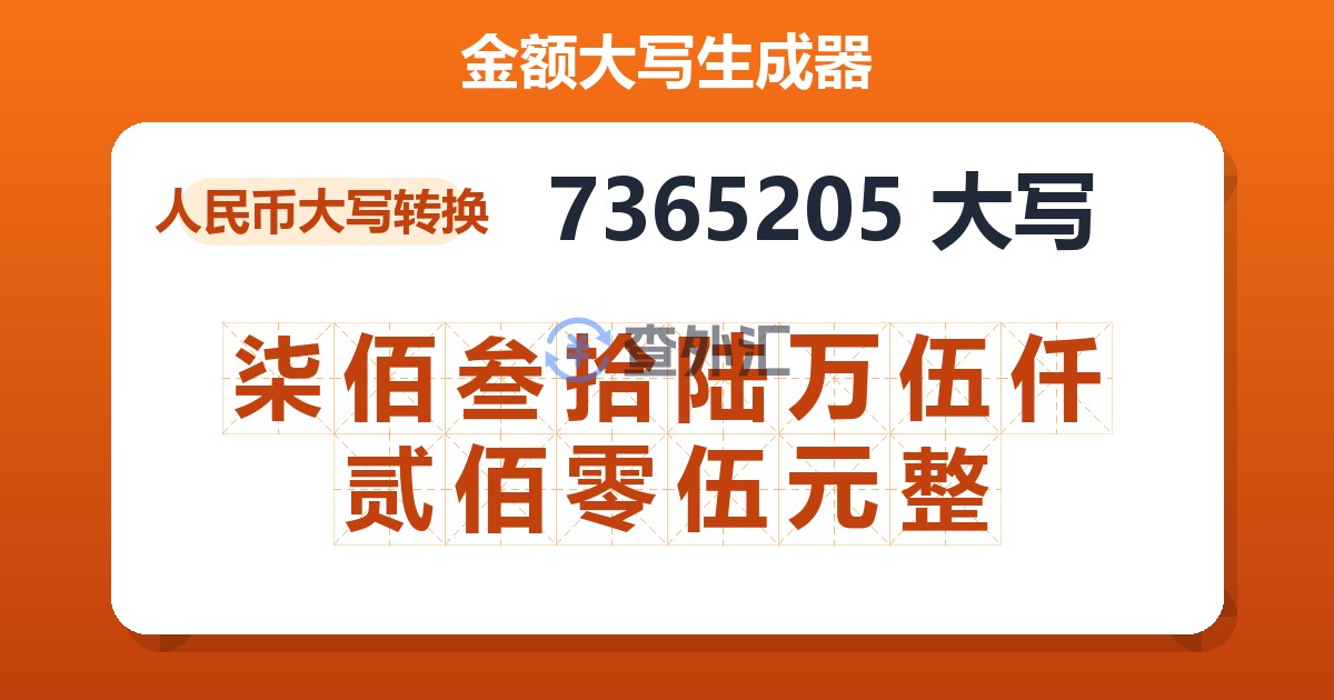 7365205大写 柒佰叁拾陆万伍仟贰佰零伍元整