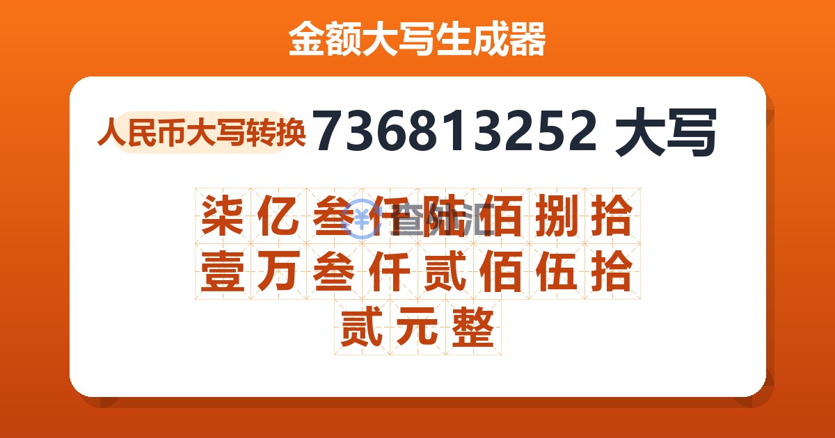 736813252大写 柒亿叁仟陆佰捌拾壹万叁仟贰佰伍拾贰元整