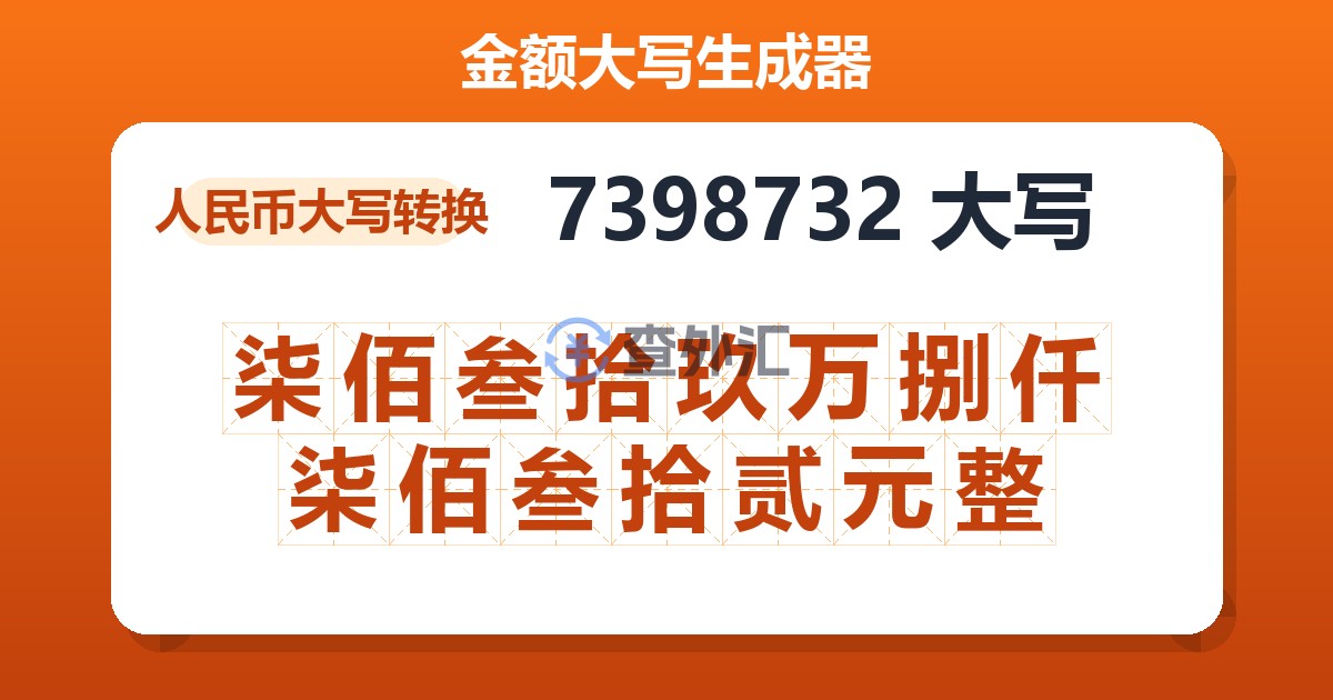 7398732大写 柒佰叁拾玖万捌仟柒佰叁拾贰元整