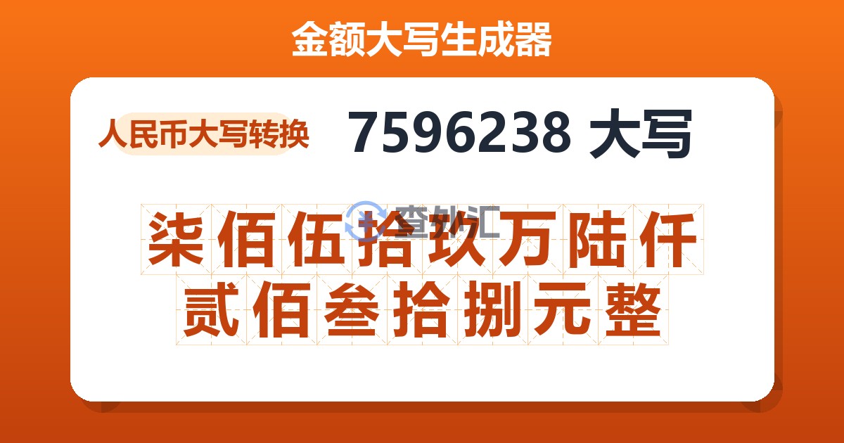 7596238大写 柒佰伍拾玖万陆仟贰佰叁拾捌元整