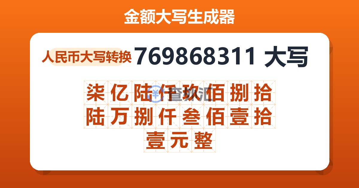 769868311大写 柒亿陆仟玖佰捌拾陆万捌仟叁佰壹拾壹元整