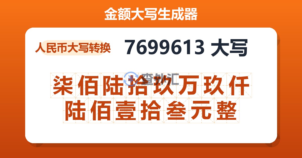 7699613大写 柒佰陆拾玖万玖仟陆佰壹拾叁元整