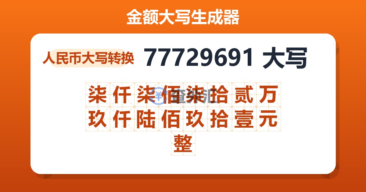 77729691大写 柒仟柒佰柒拾贰万玖仟陆佰玖拾壹元整