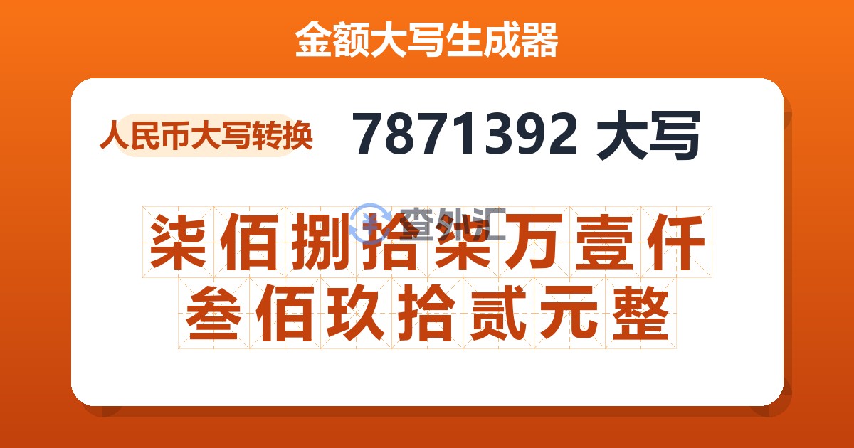 7871392大写 柒佰捌拾柒万壹仟叁佰玖拾贰元整