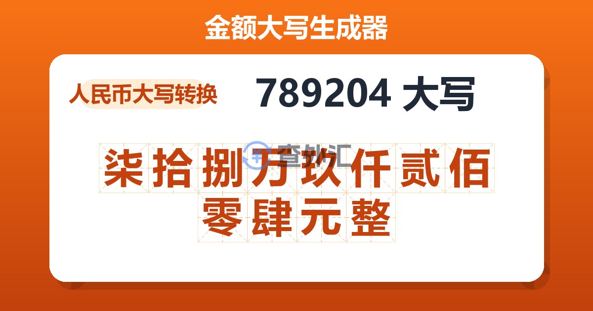789204大写 柒拾捌万玖仟贰佰零肆元整