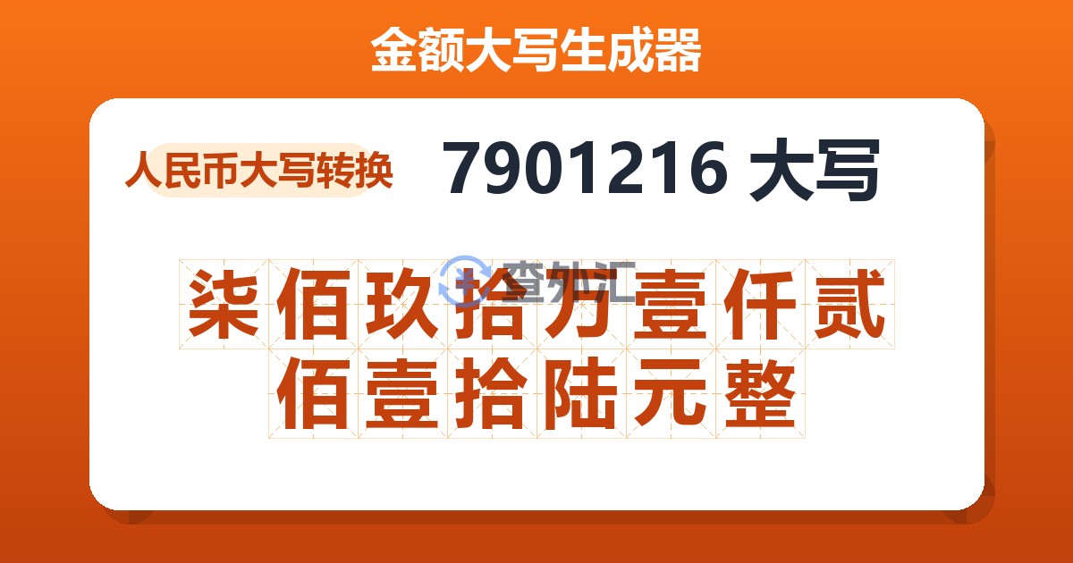 7901216大写 柒佰玖拾万壹仟贰佰壹拾陆元整