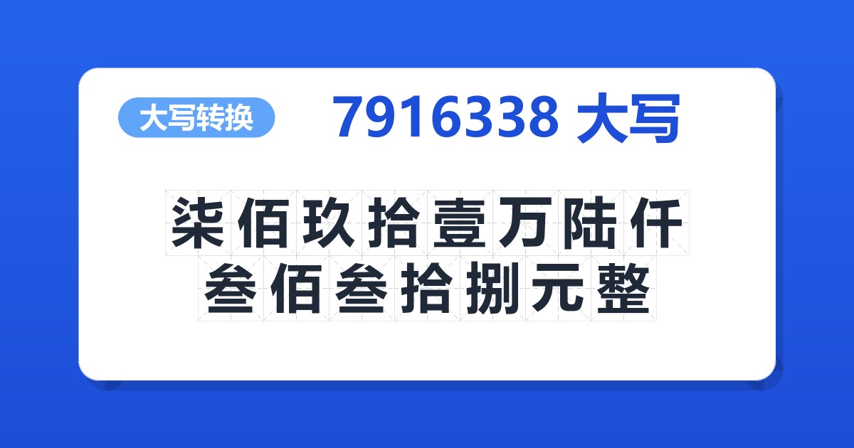 7916338大写 柒佰玖拾壹万陆仟叁佰叁拾捌元整