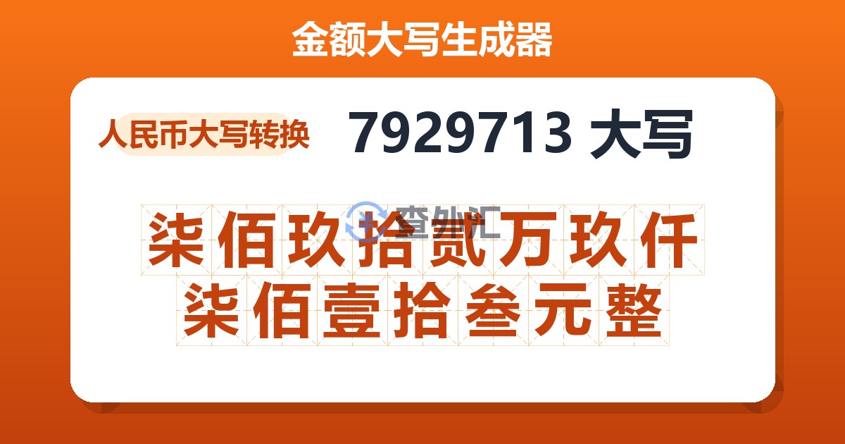 7929713大写 柒佰玖拾贰万玖仟柒佰壹拾叁元整